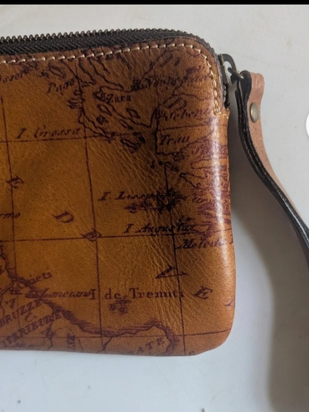 Leather Map-Print Zip Wallet in Tan